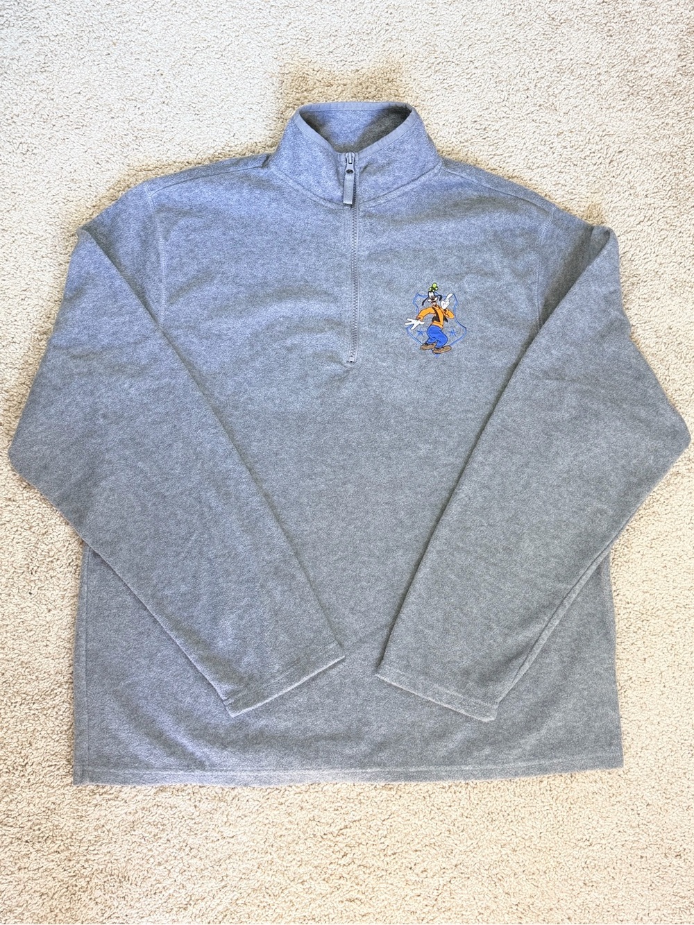 Y2K Vintage Disney Store Goofy Embroidered Gray Fleece 1/4 Zip Pullover Size L